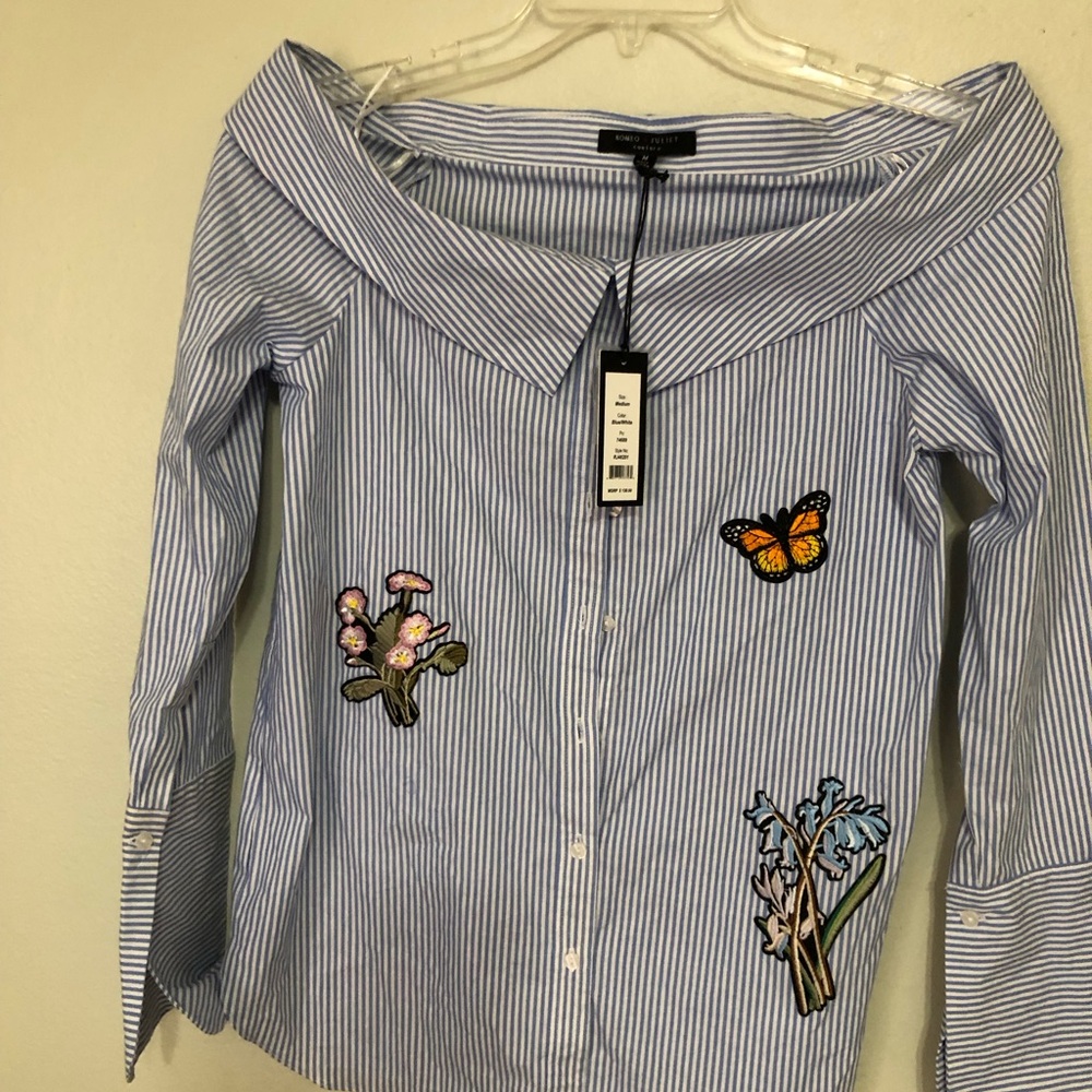 Romeo & Juliet Striped Off-Shoulder Top with Embroidered Patches